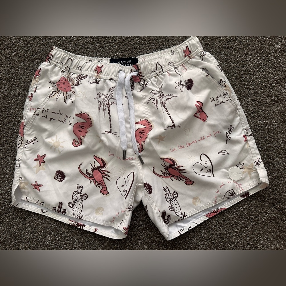 NATIVE YOUTH White Swim Trunks with Pink Coastal Motif